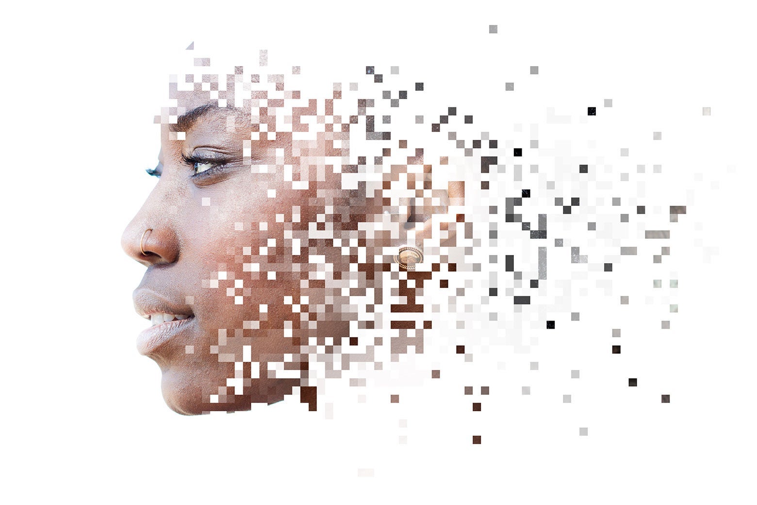 A woman's face dissolves into pixels.