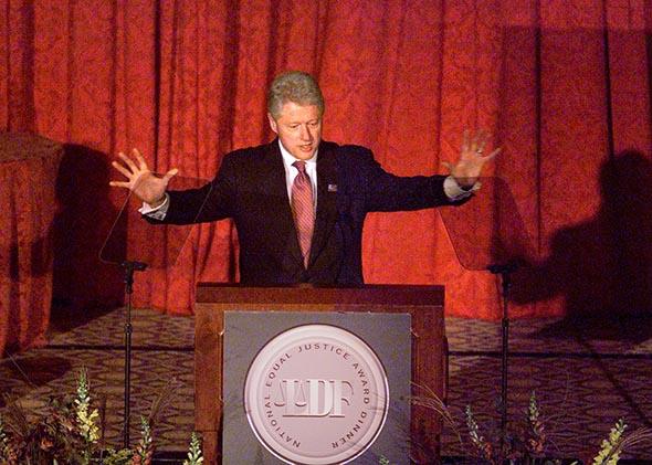 President Bill Clinton accepts the Thurgood Marshall Lifetime Achievement Award at the NAACP Legal Defense Fund National Equal Justice Award Dinner in New York City on Nov. 1, 2001.