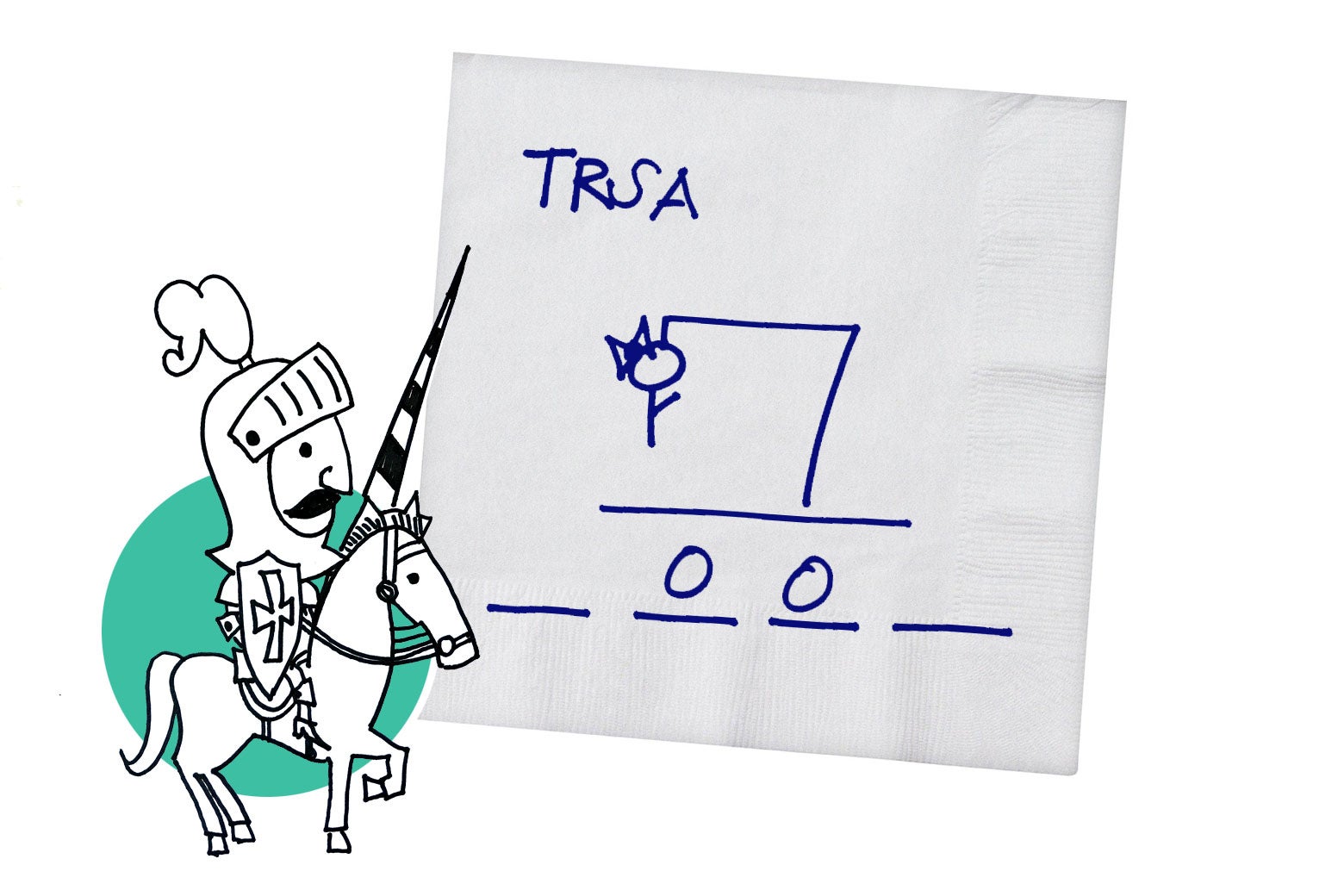 A Hangman drawing on a napkin being defended by a knight.