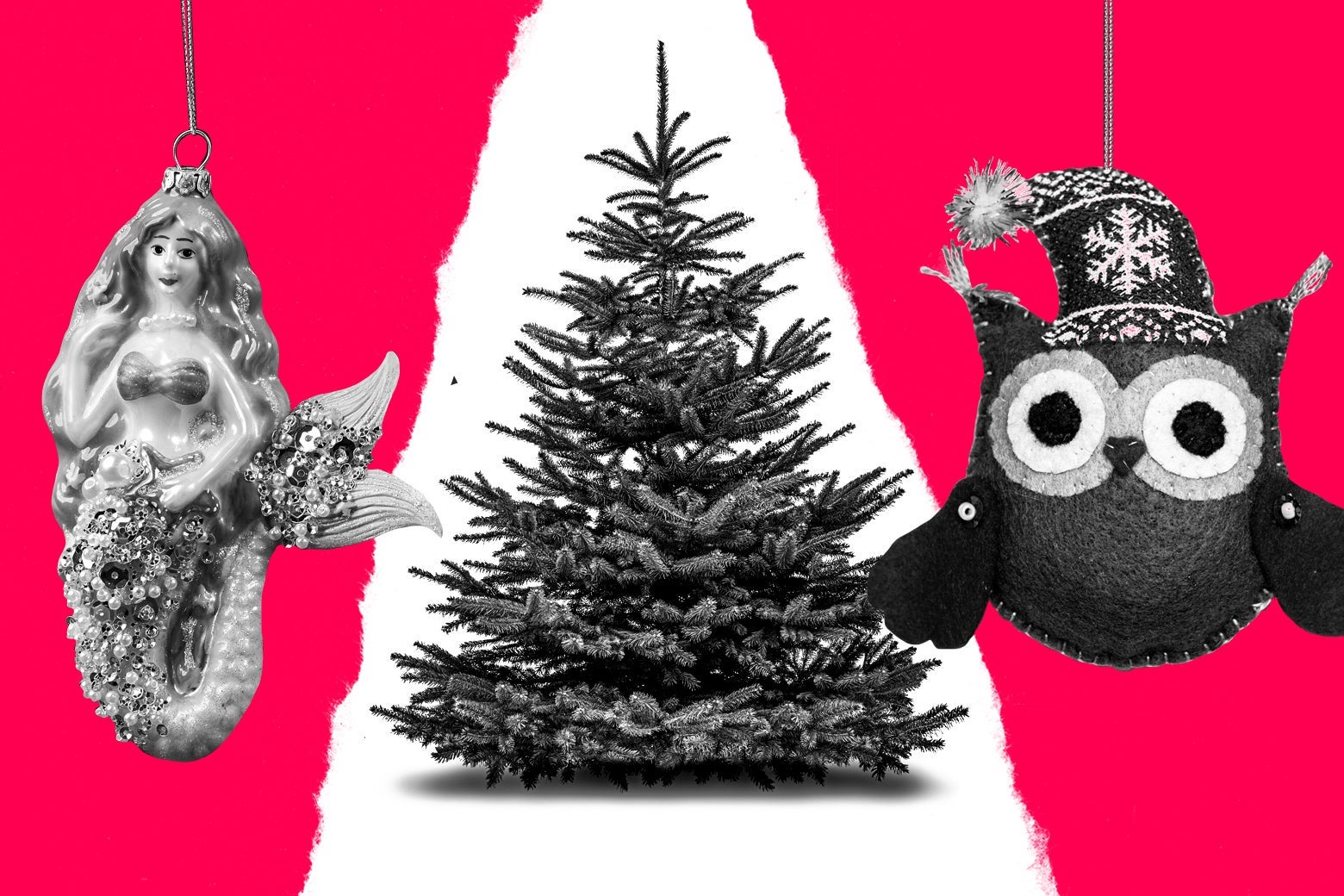 Photo illustration of a Christmas tree flanked by one mermaid ornament and one owl ornament.