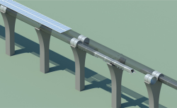 Hyperloop capsule in tube cutaway with attached solar arrays.