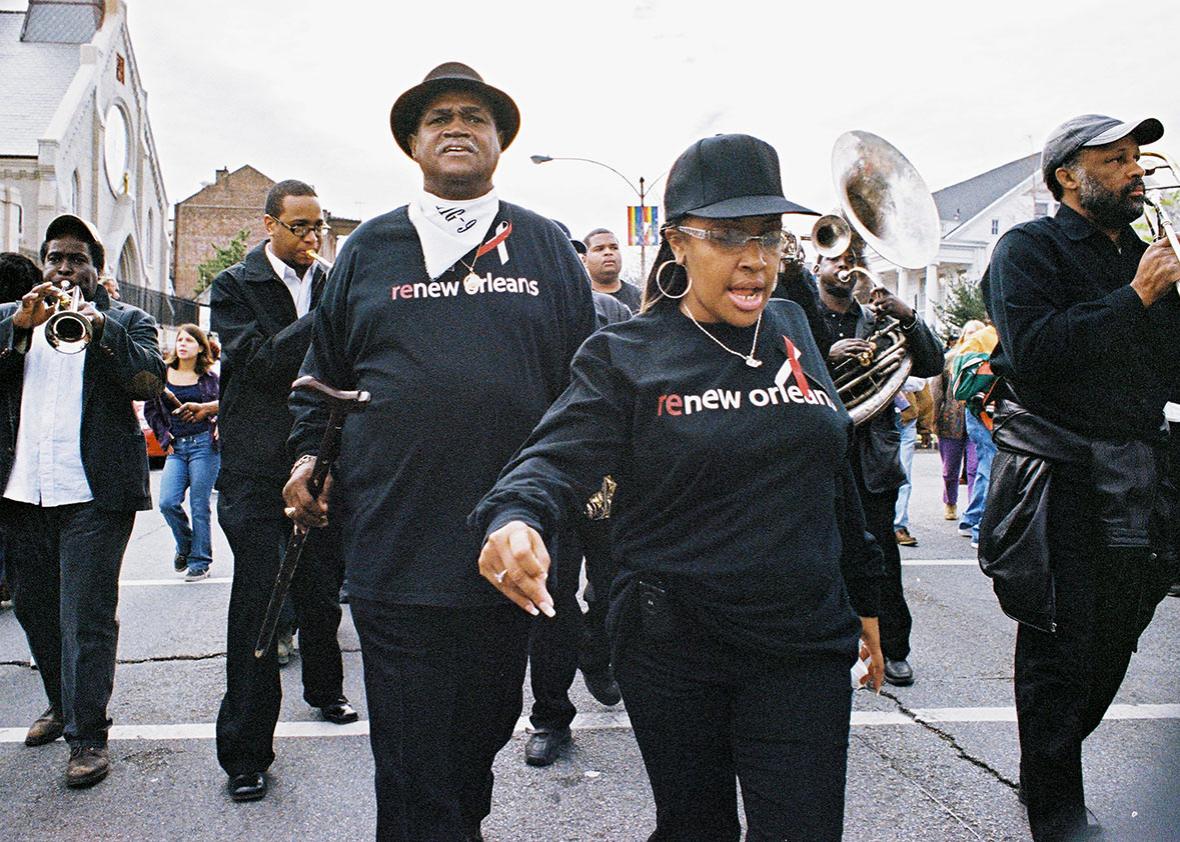 Ronald Lewis on Rampart Street near the beginning of the parade ,Ronald Lewis on Rampart Street near the beginning of the parade on January 15, 2006, ahead of a brass band led by Charles Joseph.