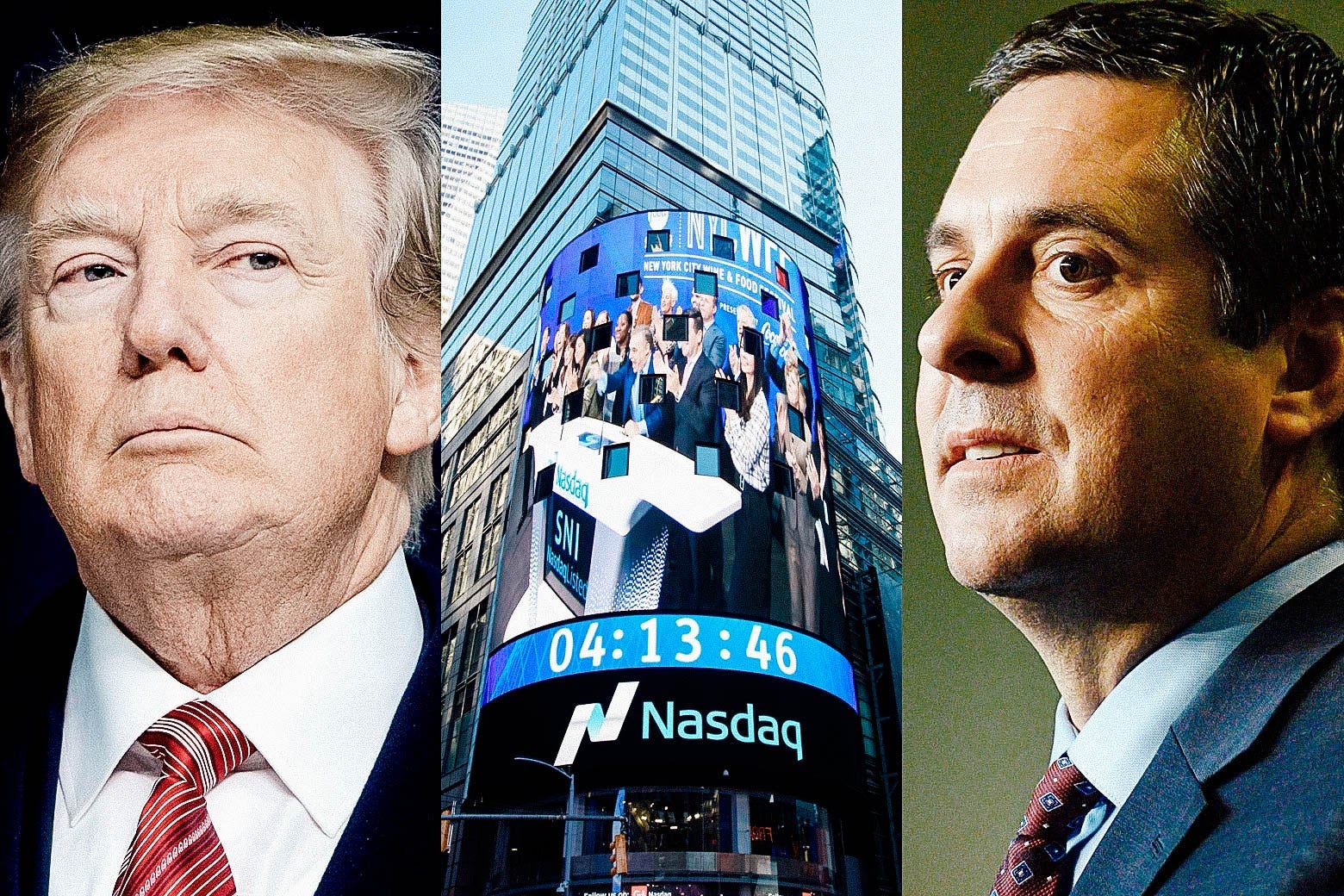 Triptych of Trump and Nunes in close-up on either side of a cylindrical screen advertising Nasdaq under a New York City skyscraper.