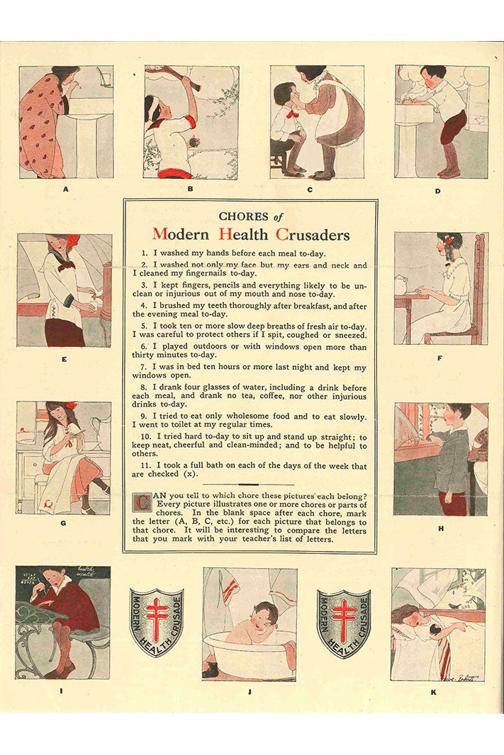 An old poster displaying a list of healthy habits, along with illustrations surrounding the border