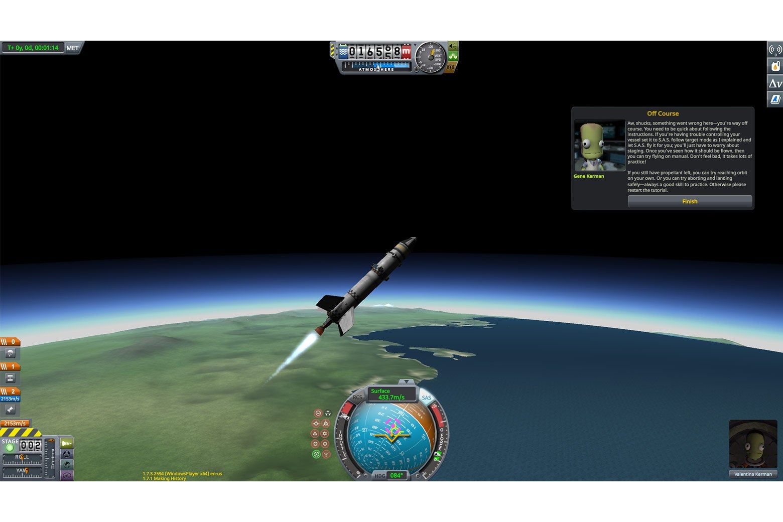 Baby’s Second Munar, now with wings, is about 16,000m in the air when the tutorial says the ship has gone off-course.