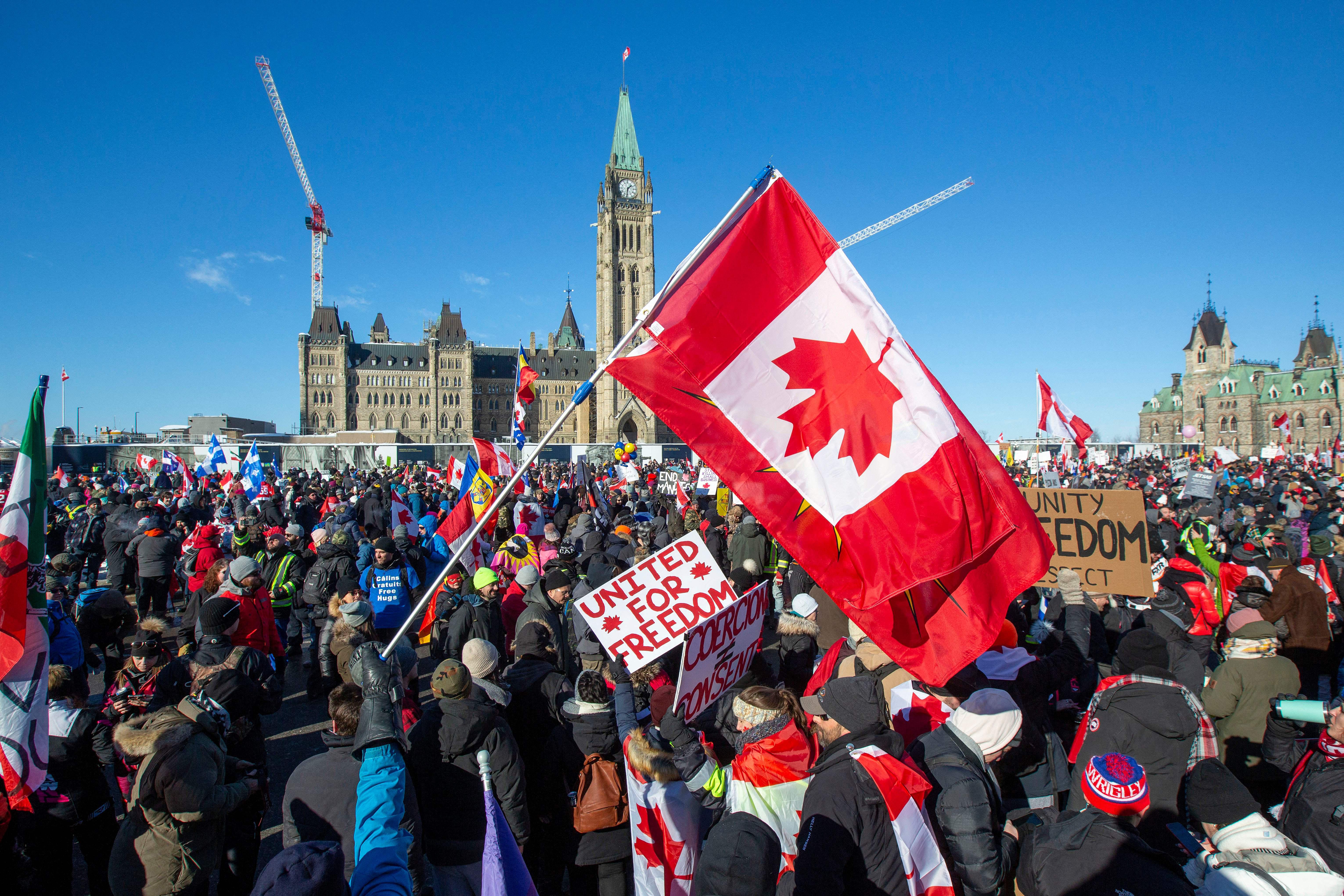 Supporters arrive at Parliament Hill for the Freedom Truck Convoy to protest against Covid-19 vaccine mandates and restrictions in Ottawa, Canada, on January 29, 2022. 