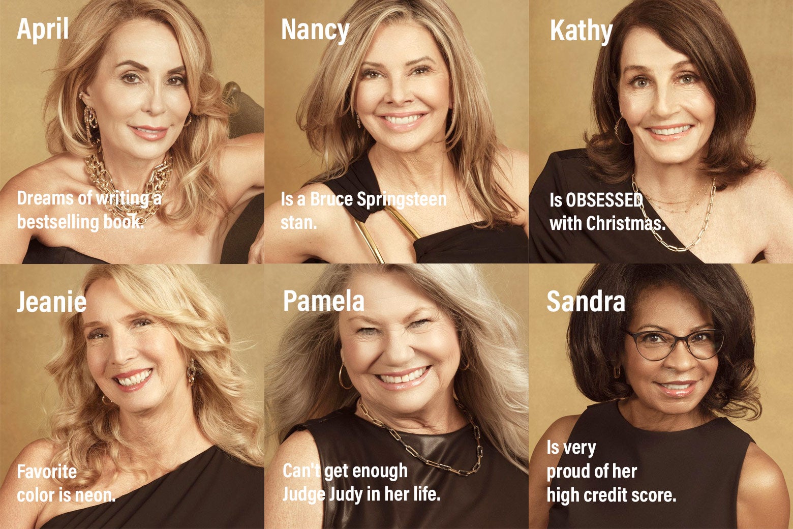 A collage of The Golden Bachelor contestants with cast bio quotes running across them.