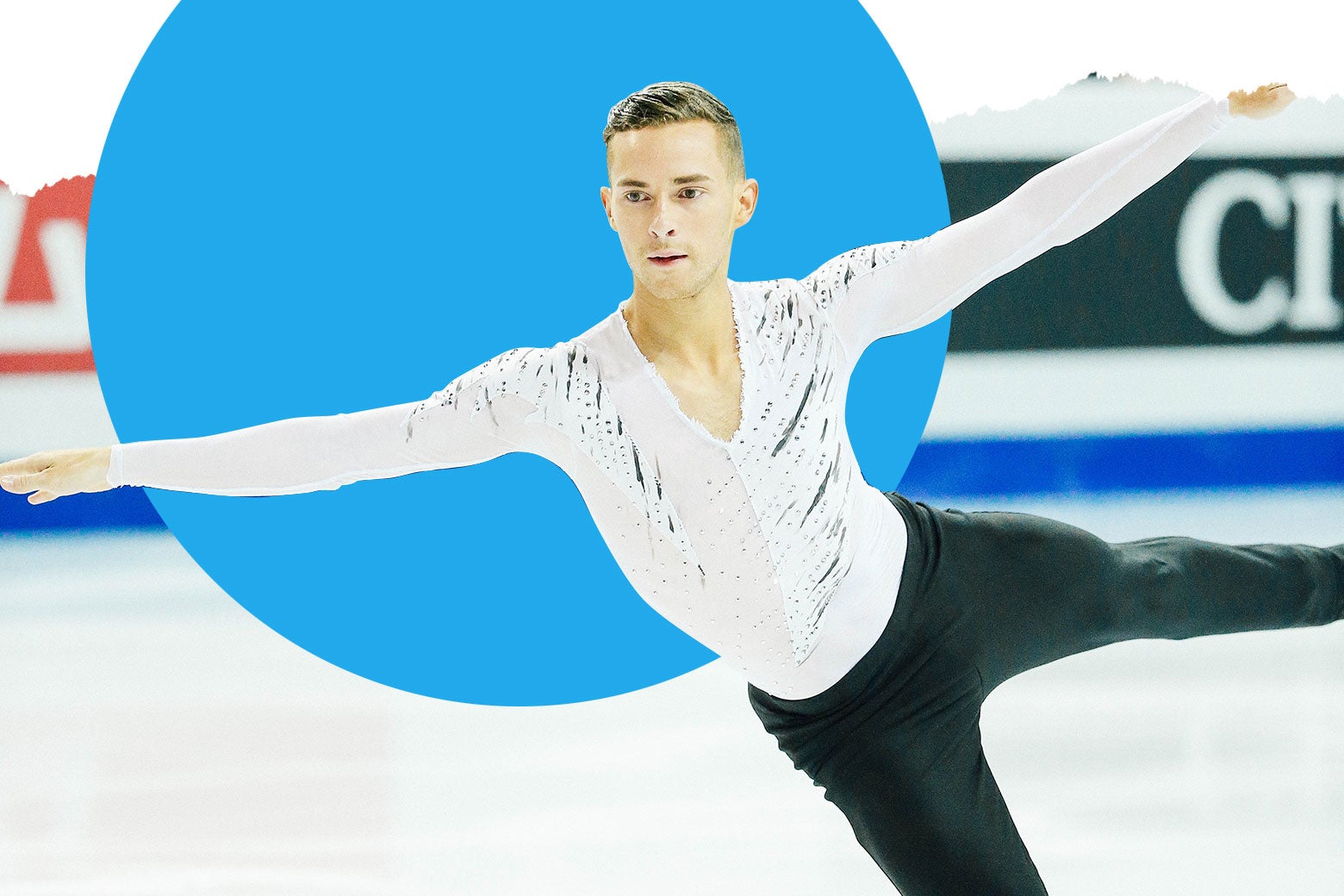 Adam Rippon skating in a long-sleeve white mesh sparkly top.