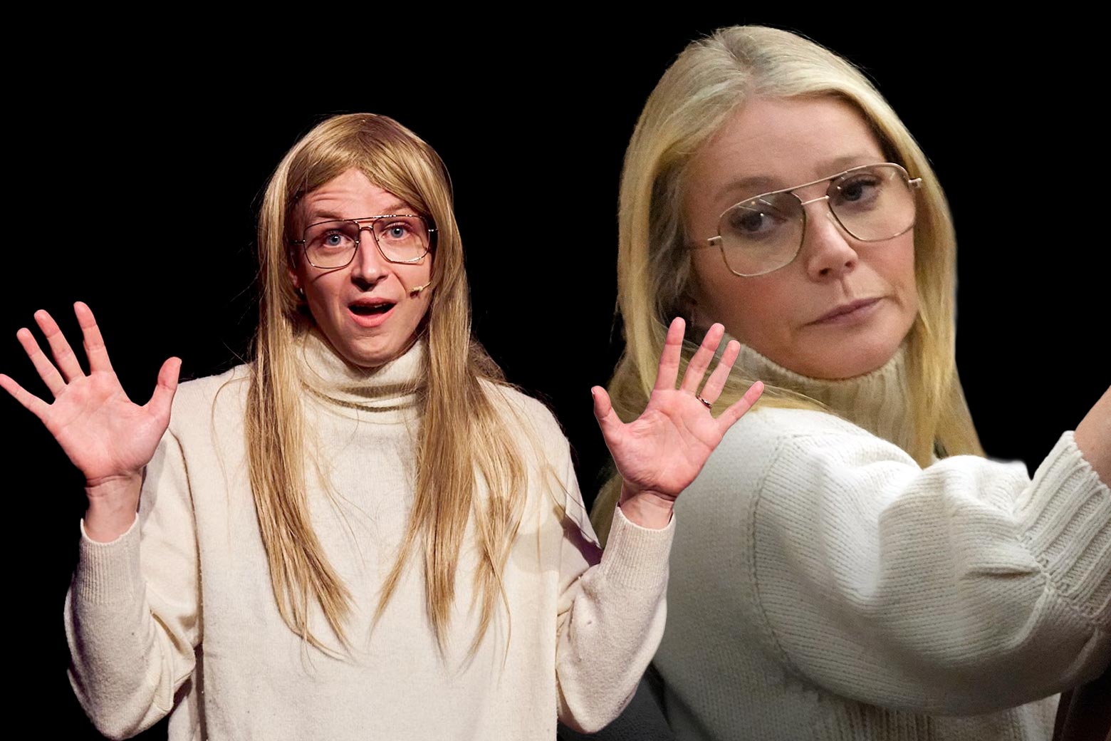 A performer dressed as Gwyneth Paltrow in large square glasses and a cream sweater is juxtapositioned with a real photo of Gwyneth wearing those items during the trial.
