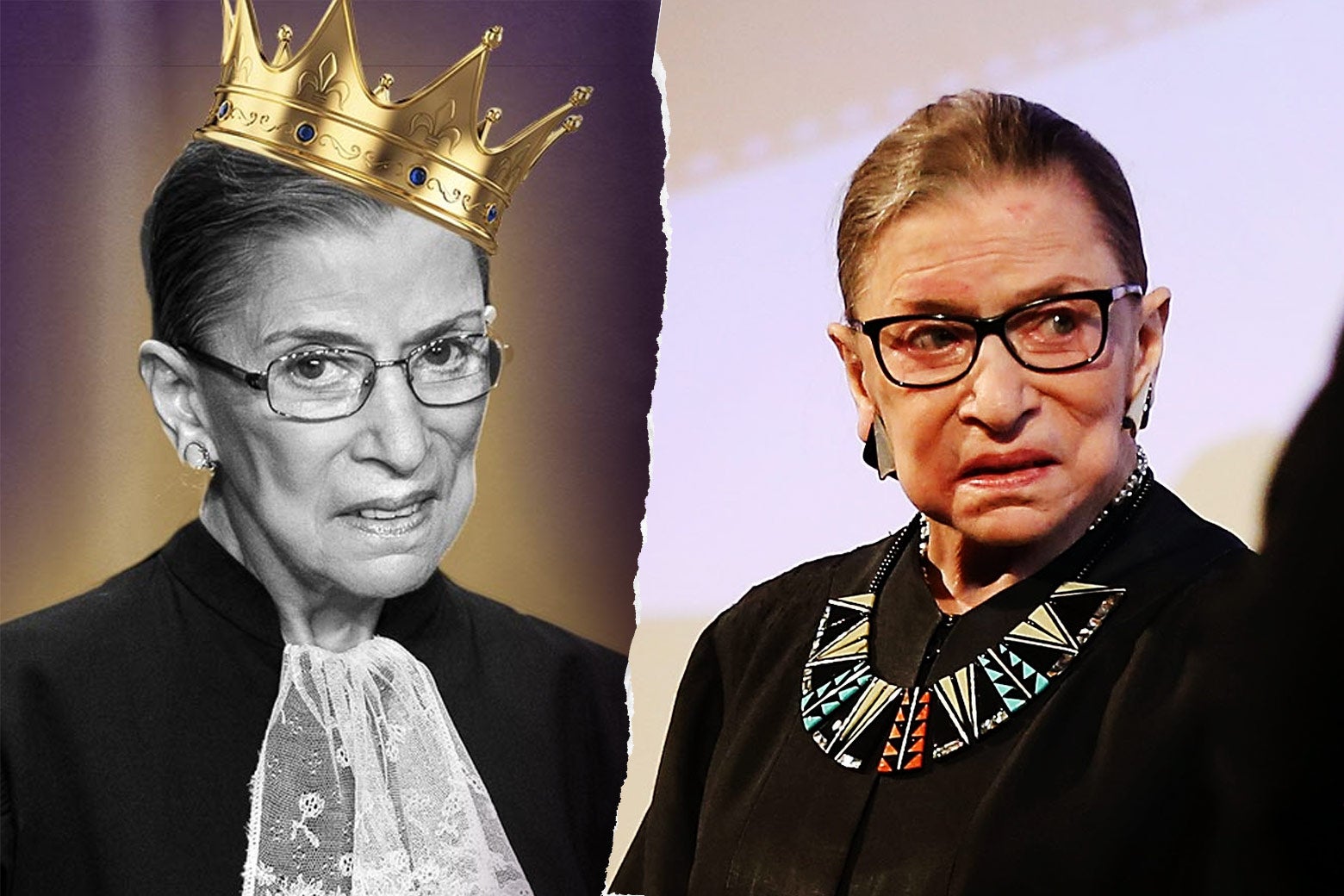 At left, Ruth Bader Ginsburg with a Biggie-style crown. At right, RBG speaks at an event. 