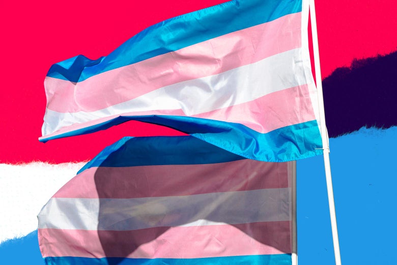 Photo illustration: two transgender flags against a background stylized like the transgender flag. Photo illustration by Slate. Photo by Getty Images.
