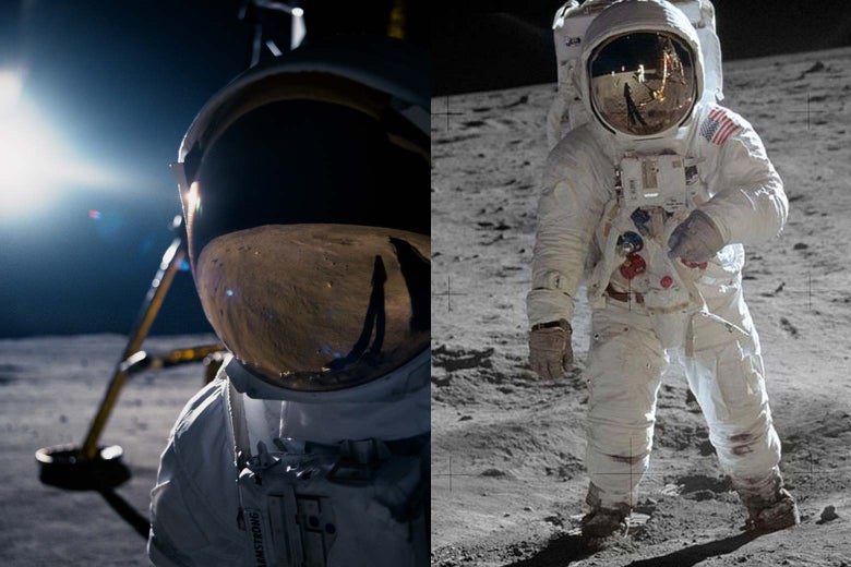 Side-by-side images of Hollywood's version of the moon landing, and also images from the moon landing.
