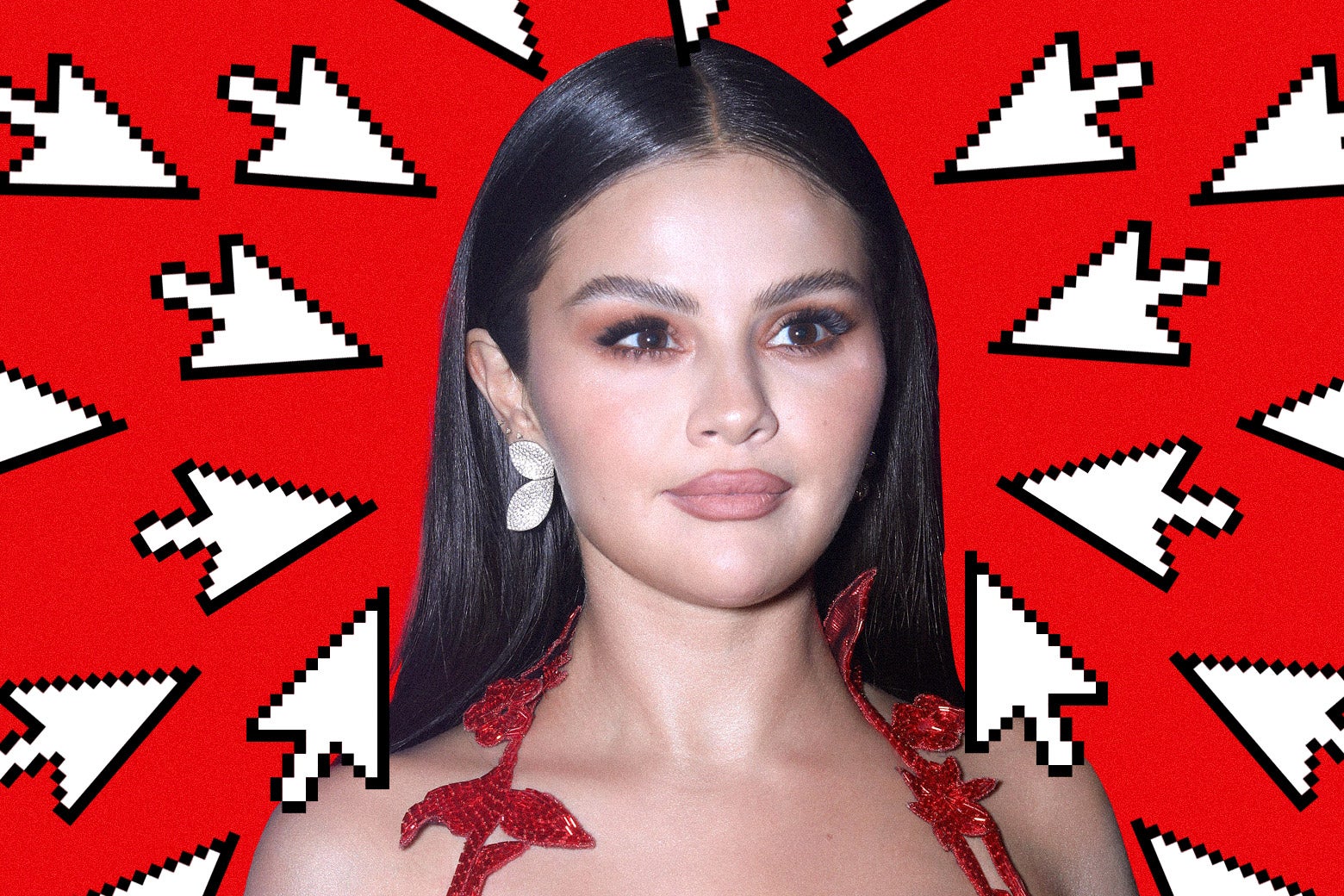 Selena Gomez, with a background of cursor arrows pointed at her.