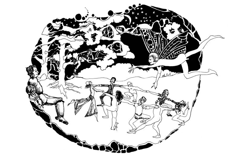 An illustration of queer friends having fun in a utopia-like dreamscape.