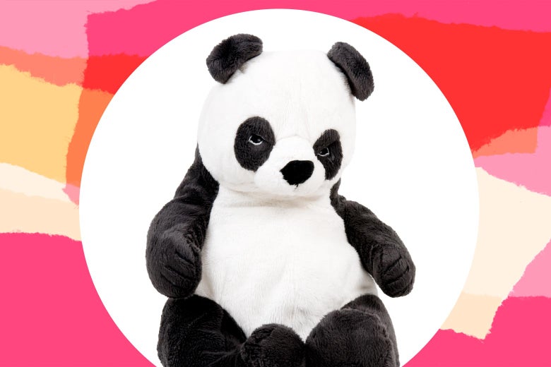 An evil-looking panda bear plushy.