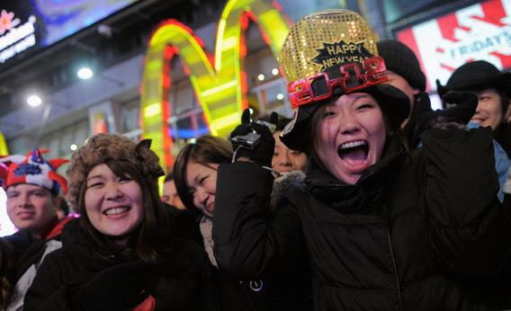 Revelers gather in New York's Times Square to celebrate the ball drop.