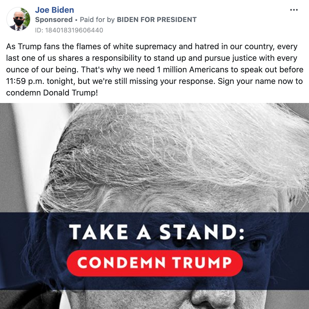 A FB ad showing Trump's face with a banner over it saying: Take a stand: condemn Trump"