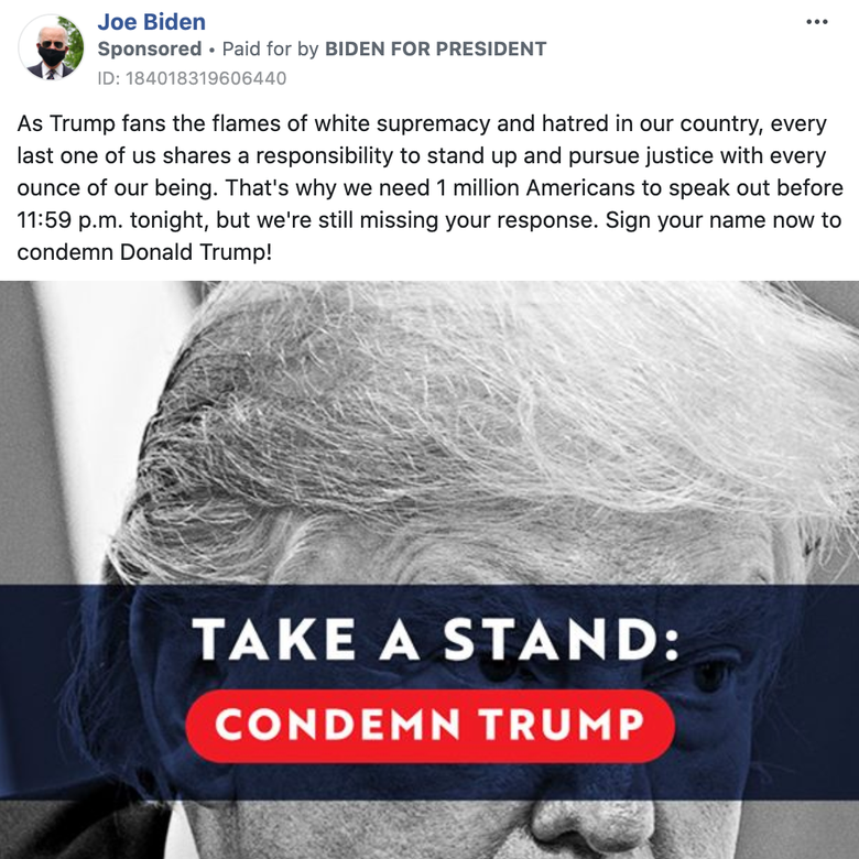 A FB ad showing Trump's face with a banner over it saying: Take a stand: condemn Trump"
