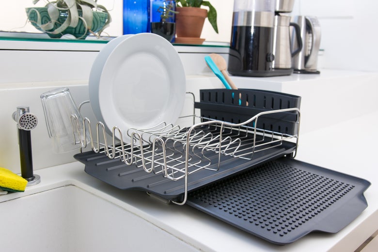 the Polder 4-Piece Advantage Dish Rack System with dishes