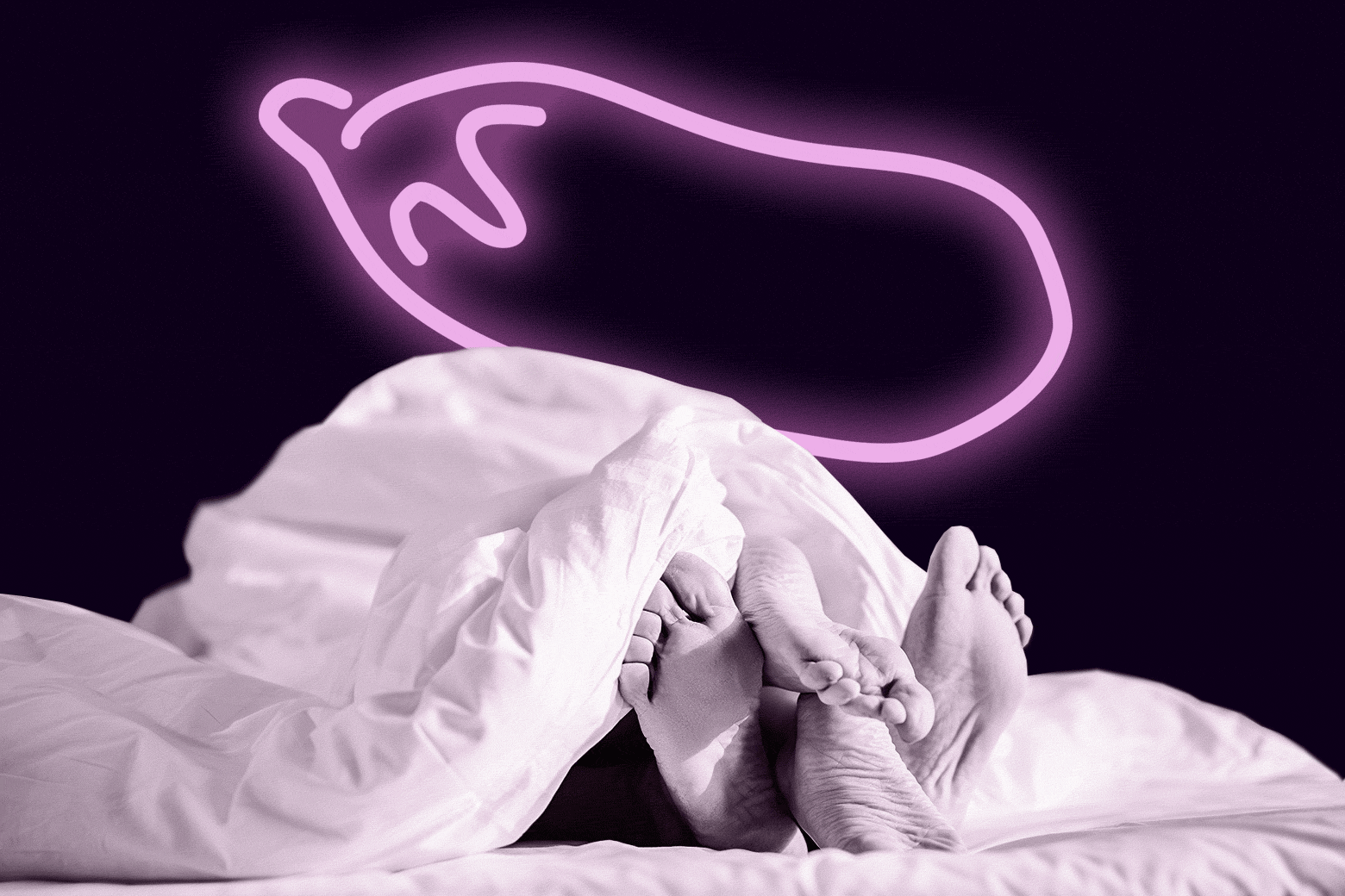 Couple in bed with an eggplant emoji.