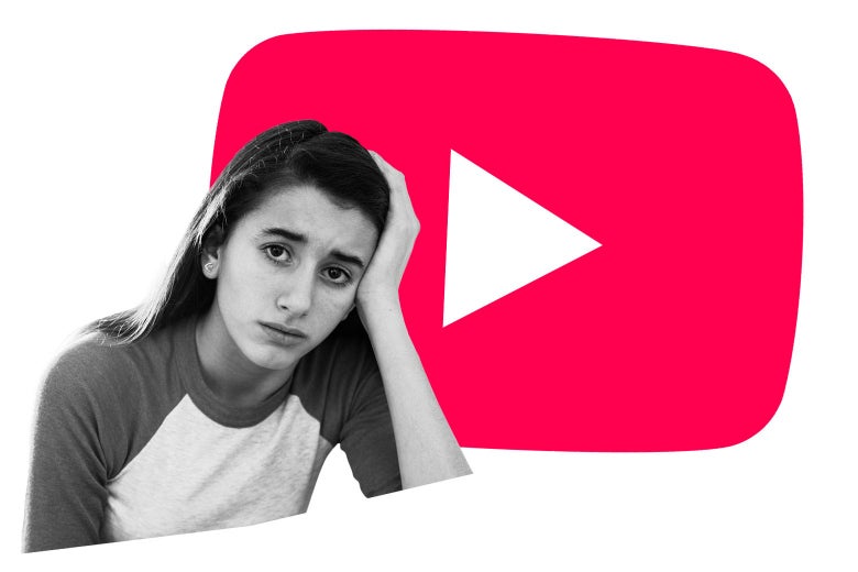 A girl looking concerned in front of a YouTube play button