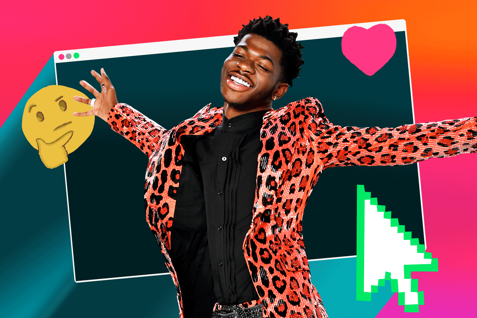 Lil Nas X surrounded by a heart emoji, a click emoji, and a thinking-face emoji.