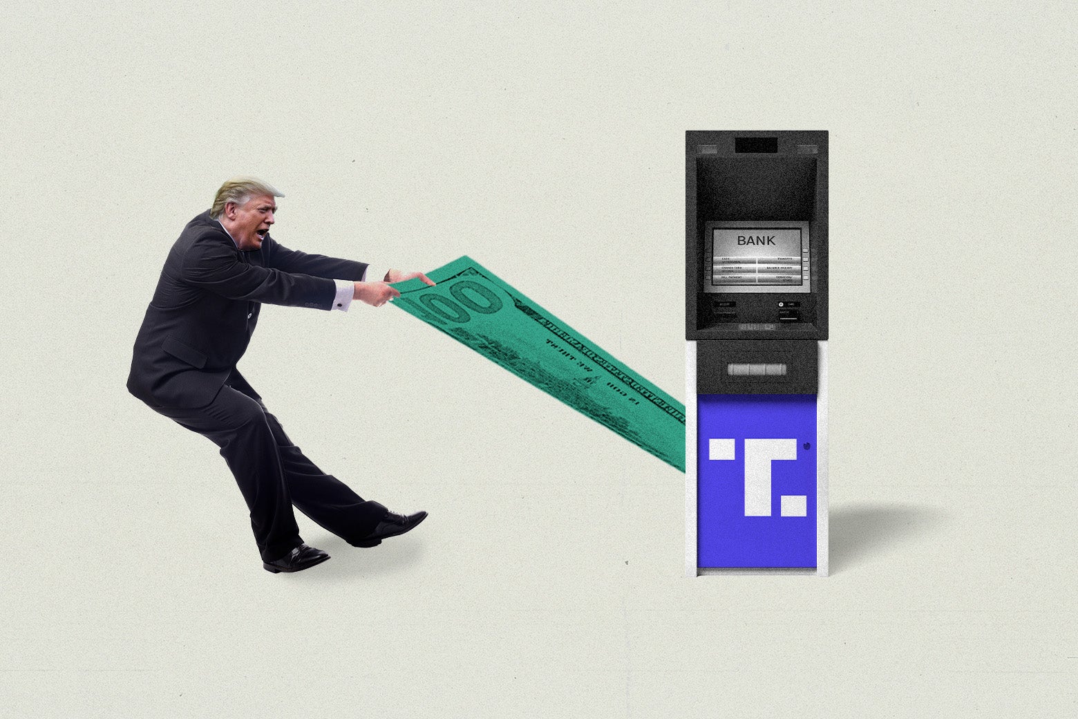 Donald Trump struggles to remove a giant $100 bill from an ATM labeled with the Truth Social logo. 