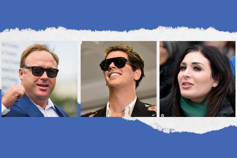 Alex Jones, Milo Yiannopoulos, and Laura Loomer.