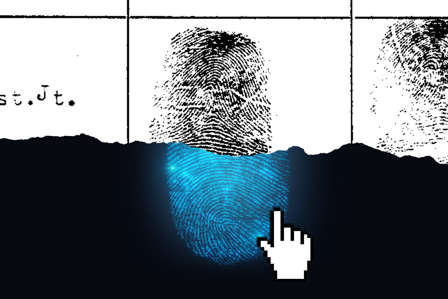 Photo illustration of a fingerprint on paper and ink and a digital fingerprint