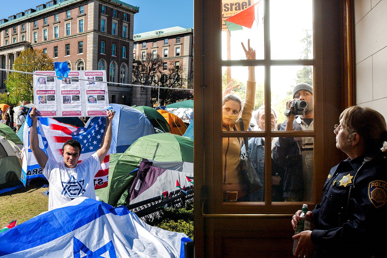 Left: A young man in a shirt with a Star of David and an Israeli flag in front of him holds up posters of kidnapped Israeli hostages in front of tents set up on Columbia's lawn. Right: Protesters, one with a camcorder filming, outside a door. On the other side of the door, being filmed, is a police officer.