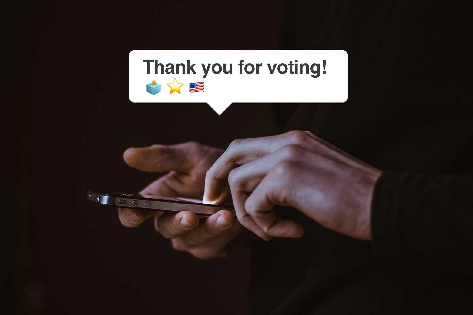 Two hands hold a phone, with a text bubble that says "Thank you for voting!" followed by ballot box, star, and U.S. flag emojis.