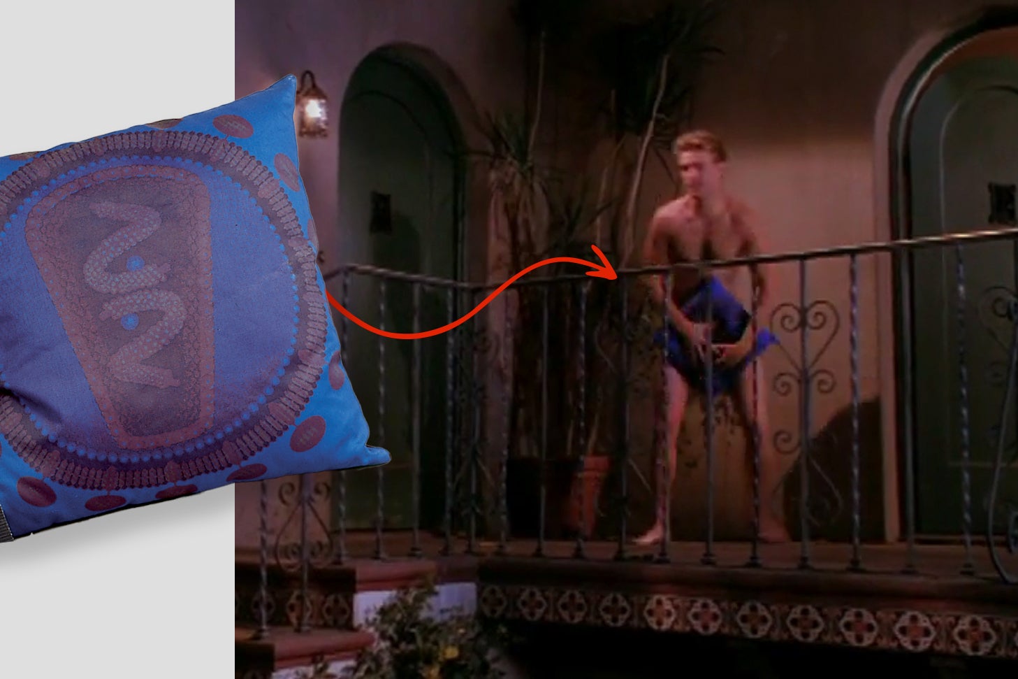 A nude man on Melrose Place stands on a balcony, holding a pillow patterned with the AIDS virus to cover himself.