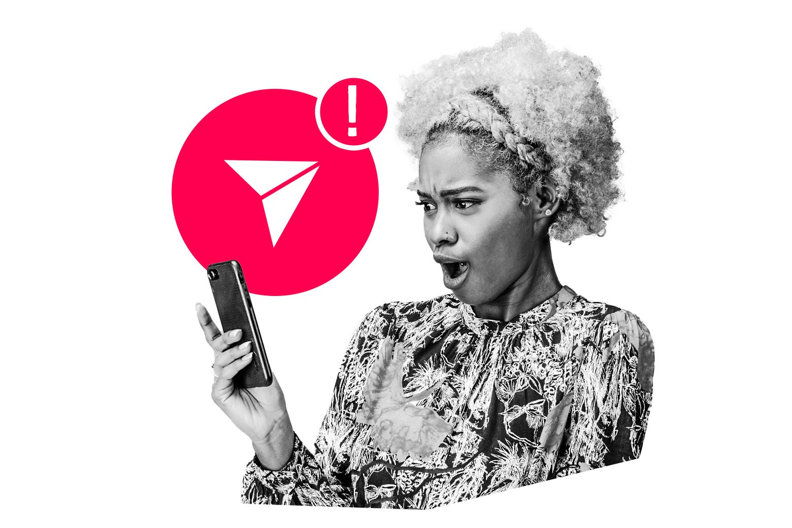 A woman looks at her phone with a shocked expression. An illustrated "send" icon and exclamation point appear behind her head.
