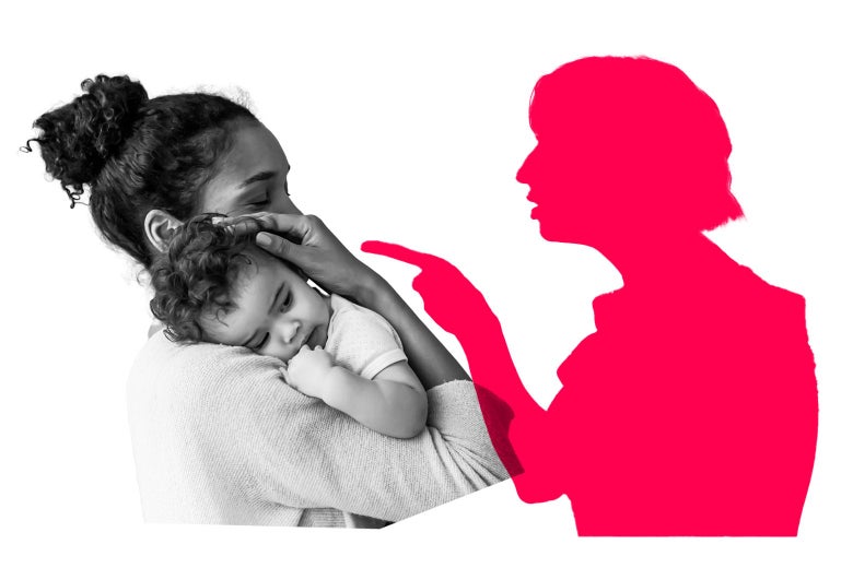 A person holds a baby while an illustrated silhouette points at them.