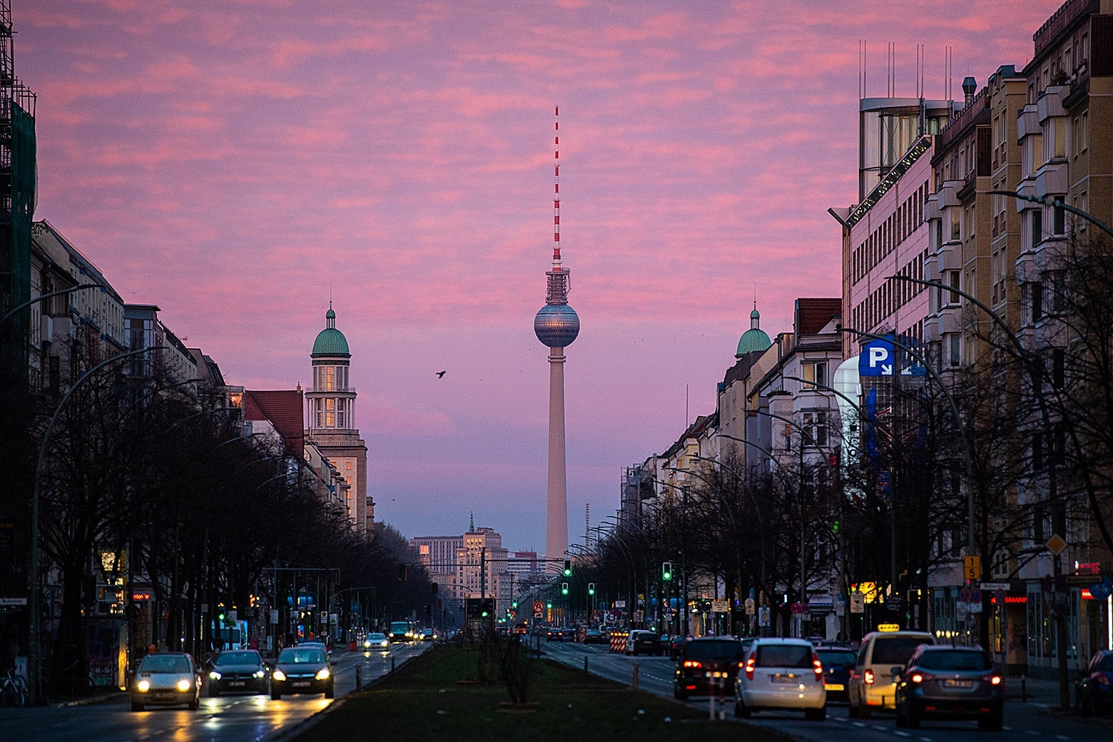 A Berlin street at sunrise with the TV Tower in the background