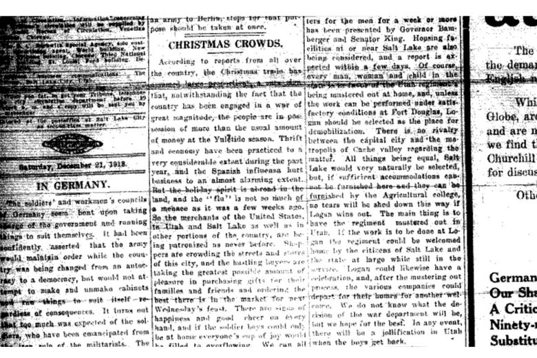 A headline reads, "CHRISTMAS CROWDS" on an article in an old newspaper clipping.