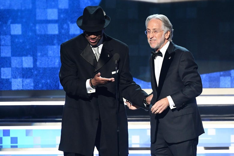  Jimmy Jam (L) and President and CEO of The Recording Academy Neil Portnow speak onstage during the 61st Annual GRAMMY Awards at Staples Center on February 10, 2019 in Los Angeles, California.  (Photo by Kevin Winter/Getty Images for The Recording Academy)