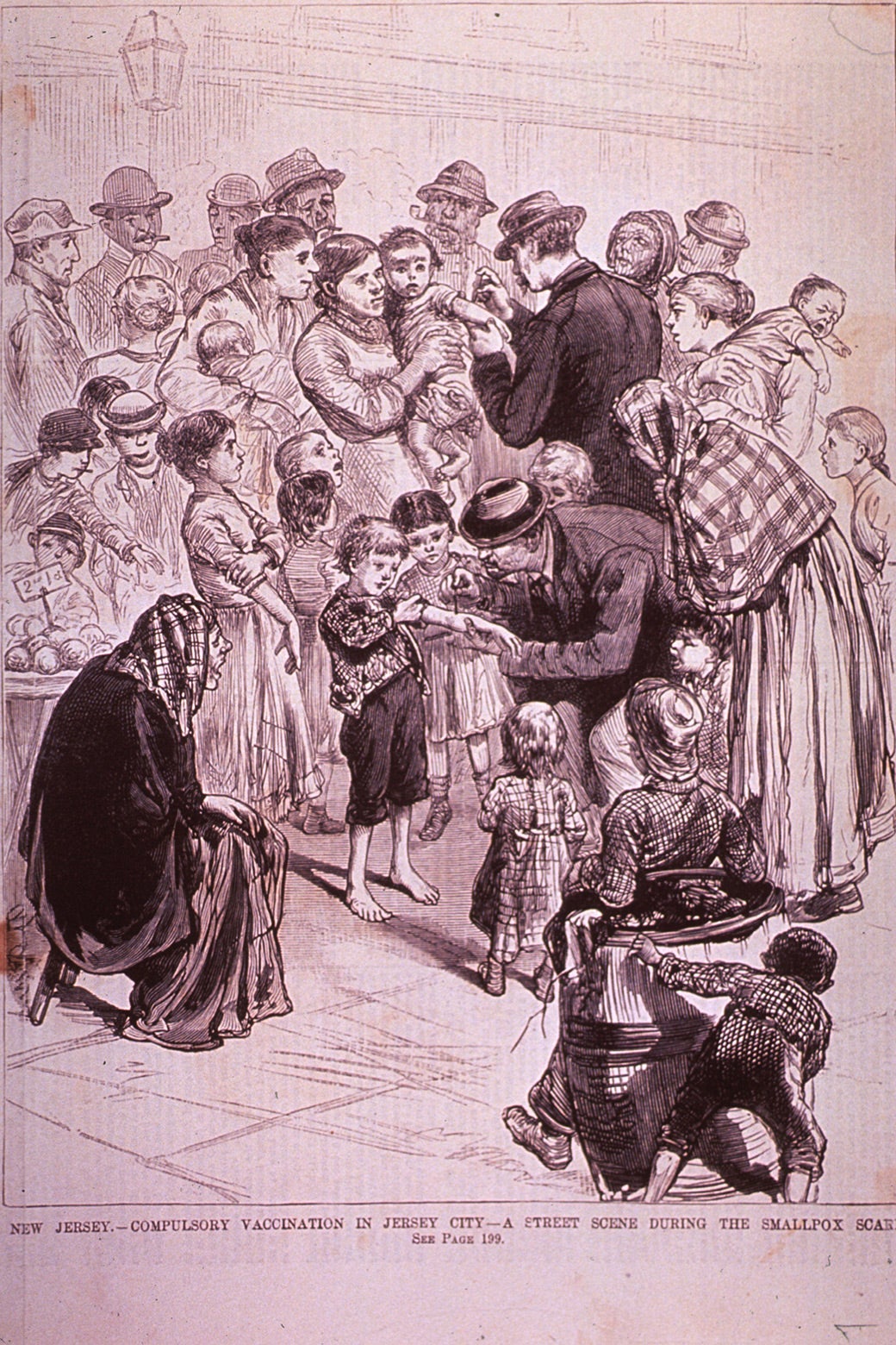 A drawing of a boy being vaccinated on a city street as people look on.