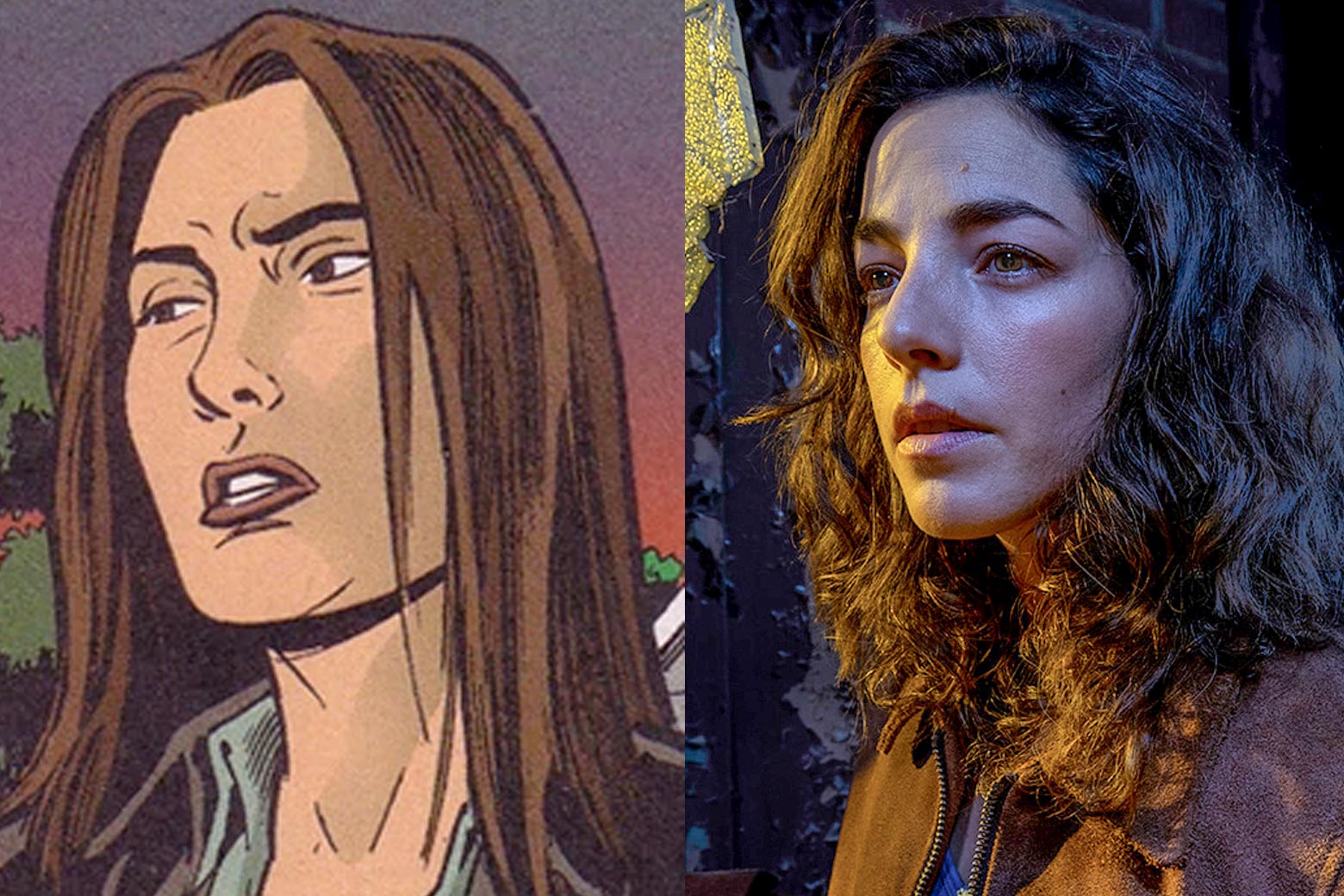 Side-by-side images of Hero Brown in the comic and Olivia Thirlby as Hero Brown in the TV show