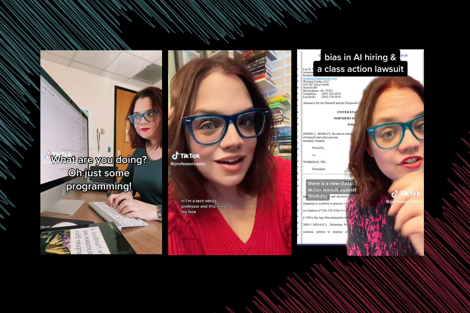 Three TikTok screengrabs, each featuring a white brunette woman with blue glasses. In the first, she is seated at a computer and the text says "What Are you doing? Oh just some computer programming!"; the second shows a filter over her face with the caption "hi I'm a tech ethics professor and this is not my face"; in the third she is standing in front of a court document and the caption says "bias in A.I. hiring and a class action lawsuit."