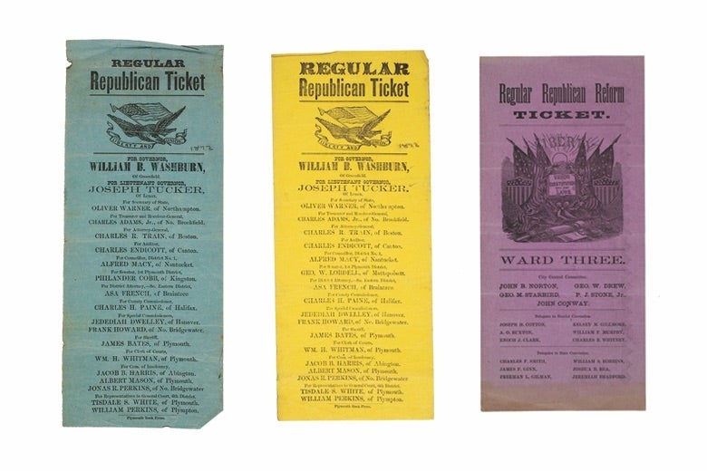 Three ballots, one blue, one yellow, and one purple, all saying "Regular Republican Ticket"