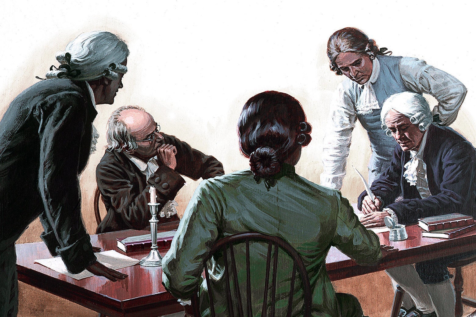 A painting depicting a group of Founding Fathers signing a document at a table during the American Revolution circa 1776.
