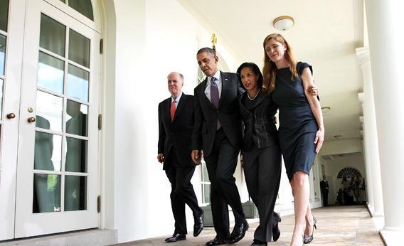 President Obama has nominated Susan Rice (third from the left), to succeed Tom Donilon (left) as national security adviser. Samantha Power (right) will take over Rice's job as U.N. ambassador.