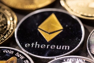 A coin branded with the Ethereum logo