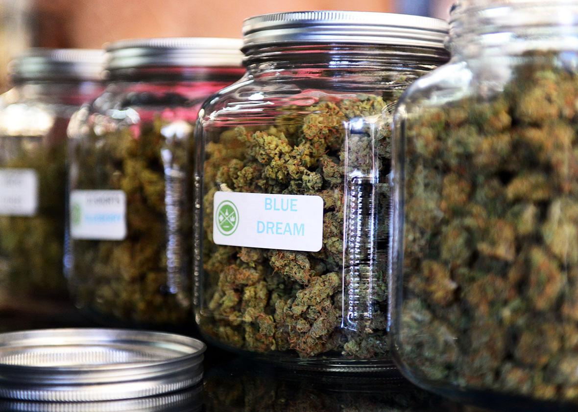 The highly-rated strain of medical marijuana 'Blue Dream' is displayed among others in glass jars at Los Angeles' first-ever cannabis farmer's market at the West Coast Collective medical marijuana dispensary, on the fourth of July, or Independence Day, in Los Angeles, California on July 4, 2014. 