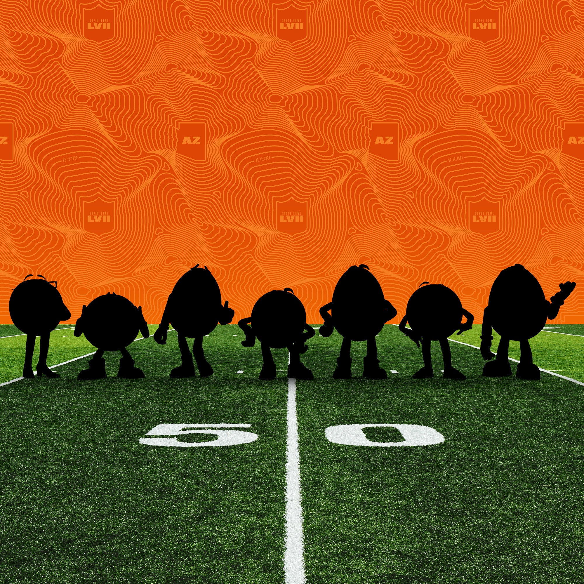 The group of M&Ms on a gridiron, in silhouette.