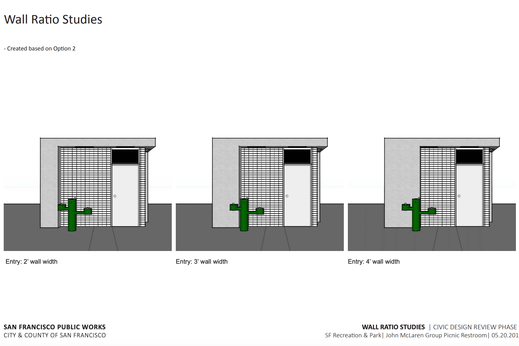 A slide from a presentation showing three design options for the toilet's exterior front wall. 