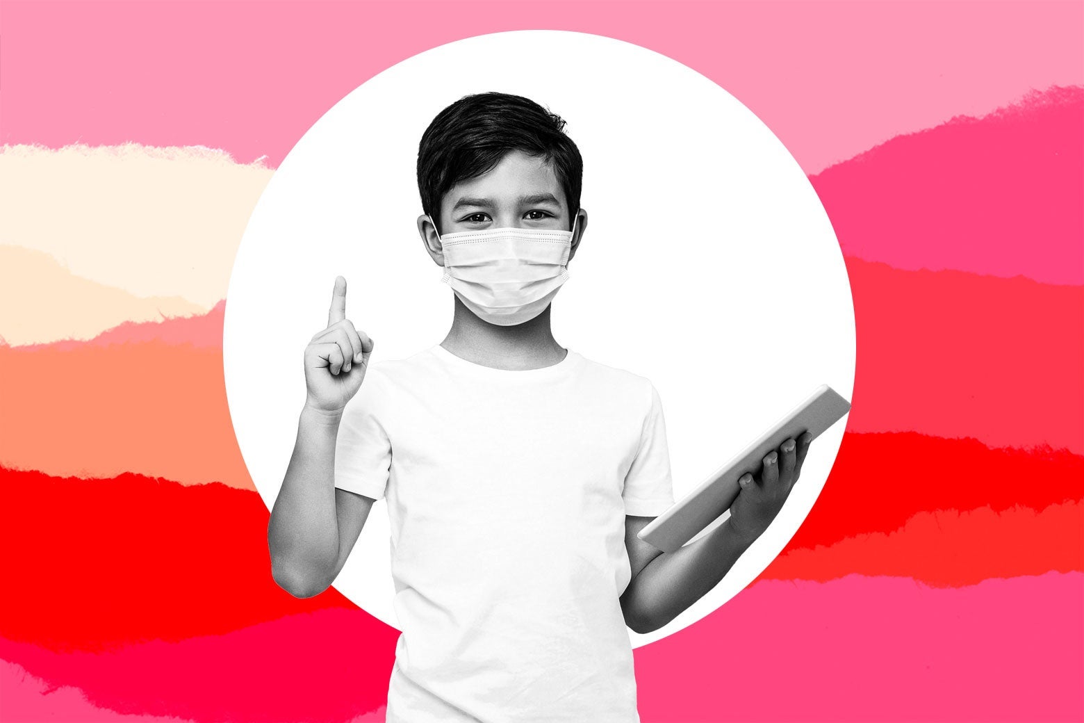 Boy with a mask on, holding a tablet in one hand and holding up one finger in the other, as if about to say something.