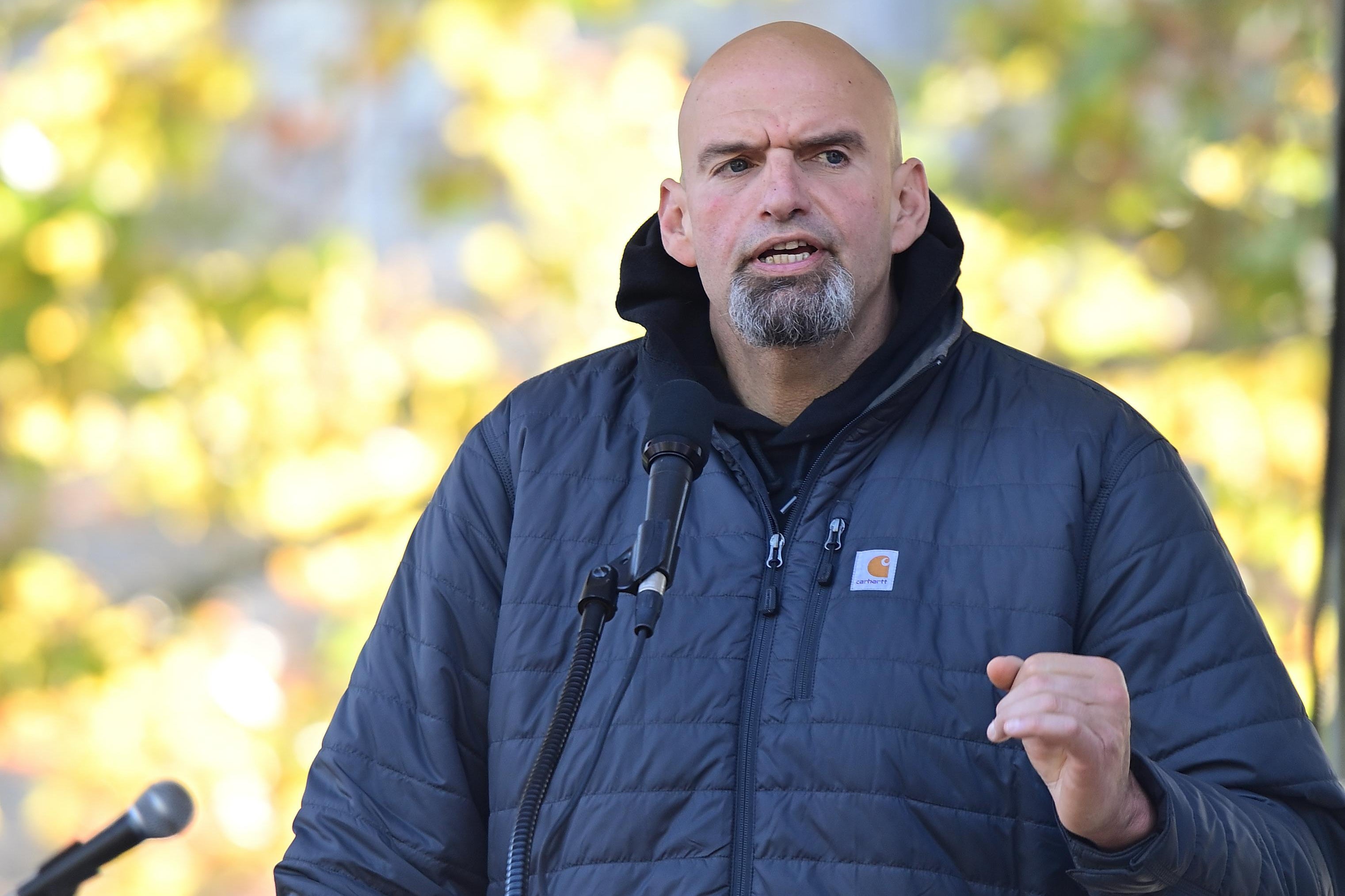 PHILADELPHIA, PA - OCTOBER 15:  Democratic candidate for U.S. Senate John Fetterman addresses supporters during a joint rally with Democratic candidate for Governor Pennsylvania Attorney General Josh Shapiro at Norris Park on October 15, 2022 in Philadelphia, Pennsylvania.  Election Day will be held nationwide on November 8, 2022. (Photo by Mark Makela/Getty Images)