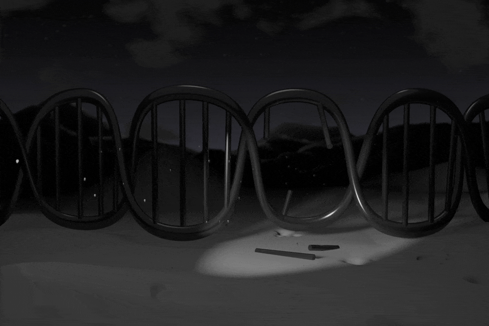A fence with bars that appear to be DNA, set against a snowy, dark background. 